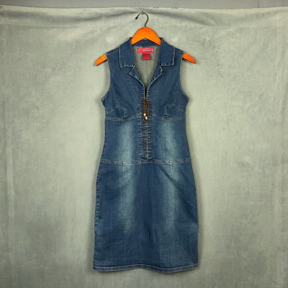 Vintage Y2K Hotkiss Denim Lace Up Dress Womens Size Large Western Boho Festival